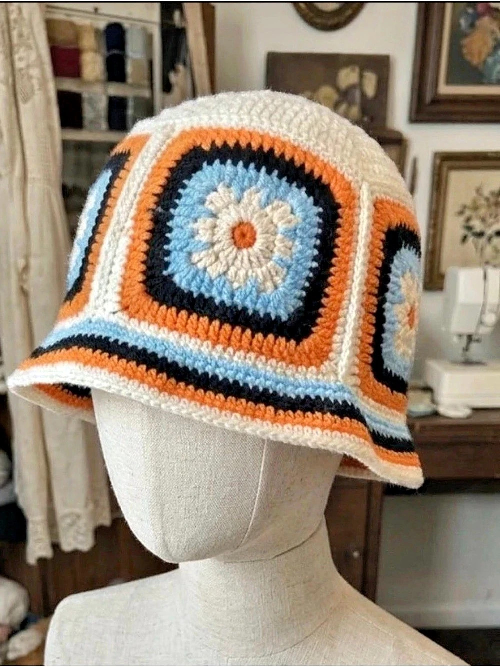 Crochet Bucket Hat in White & Orange Like New